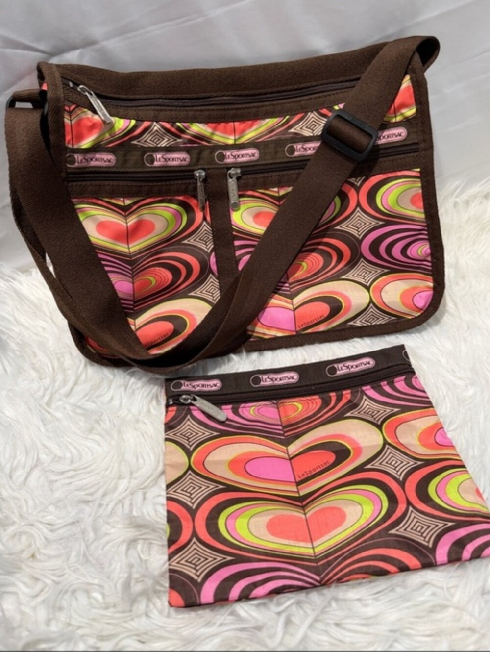 LeSportsac Brown Crossbody Bag with Pink, Red and Green Heart Print Like New